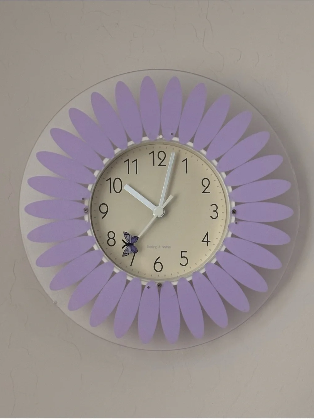 Sterling & Noble Purple Flower Wall Clock Butterfly Hand Arabic Analog WORKS
